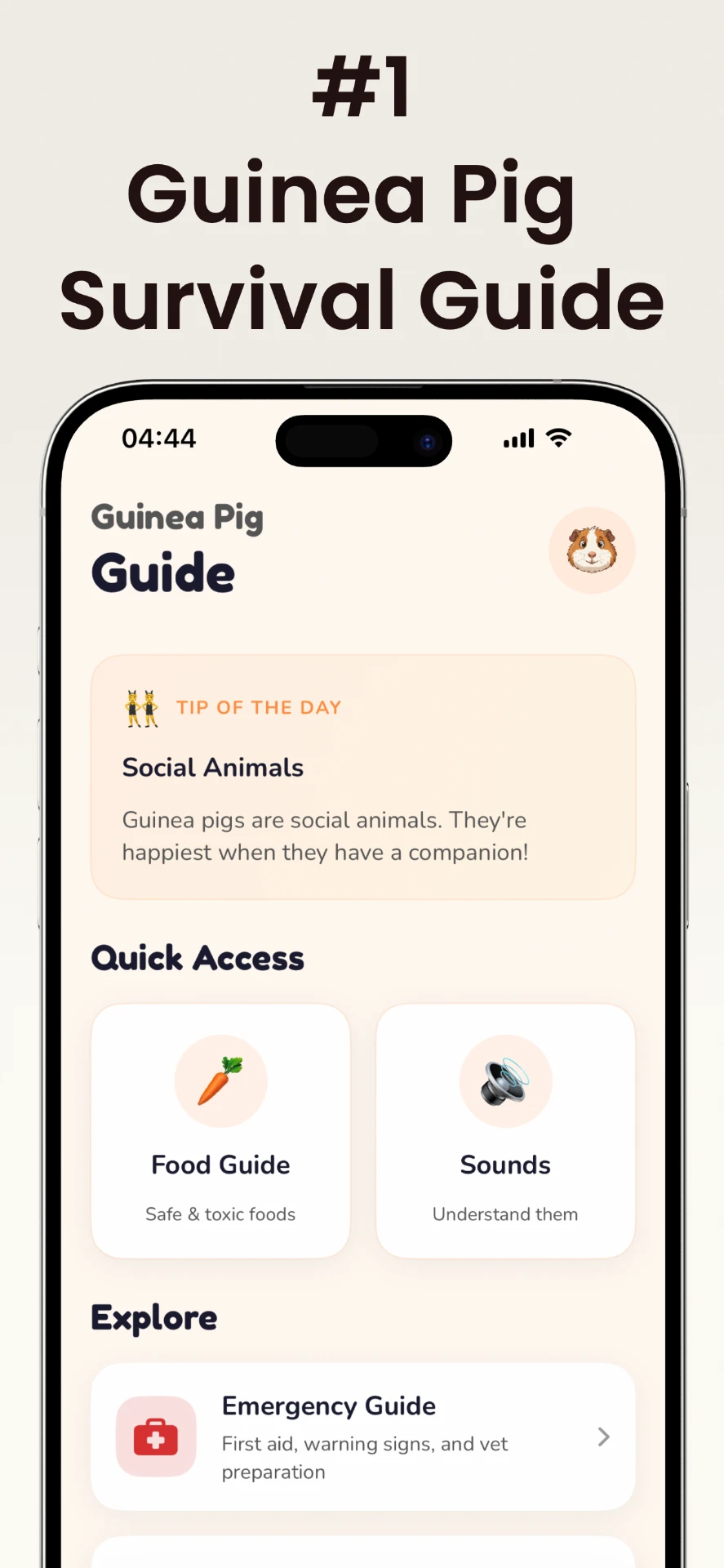 Wheeky Guide home screen with food, sound, and emergency tools