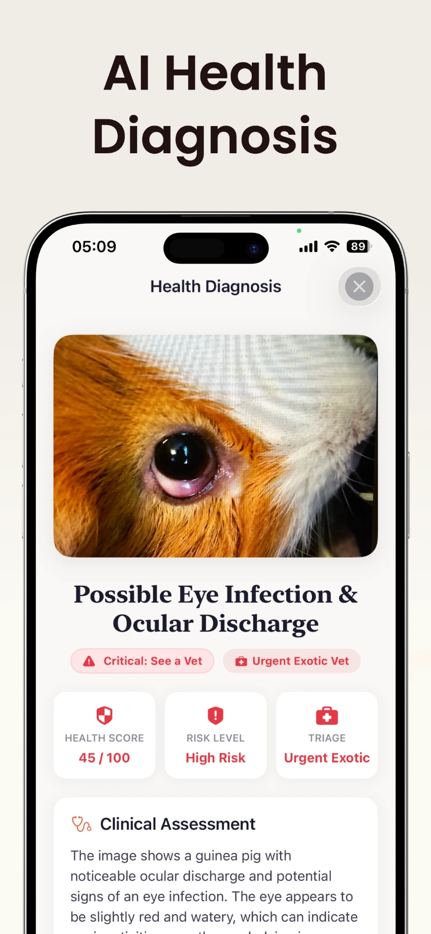 Symptom checker screen showing urgency guidance for an eye concern