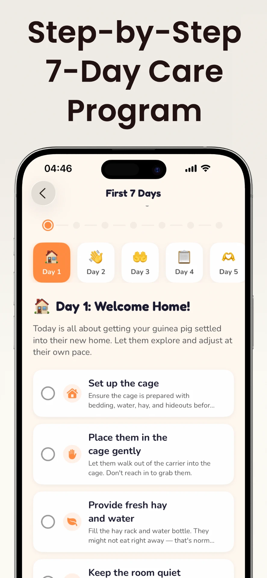 First 7 days program with a day-by-day new owner checklist in the Guide app