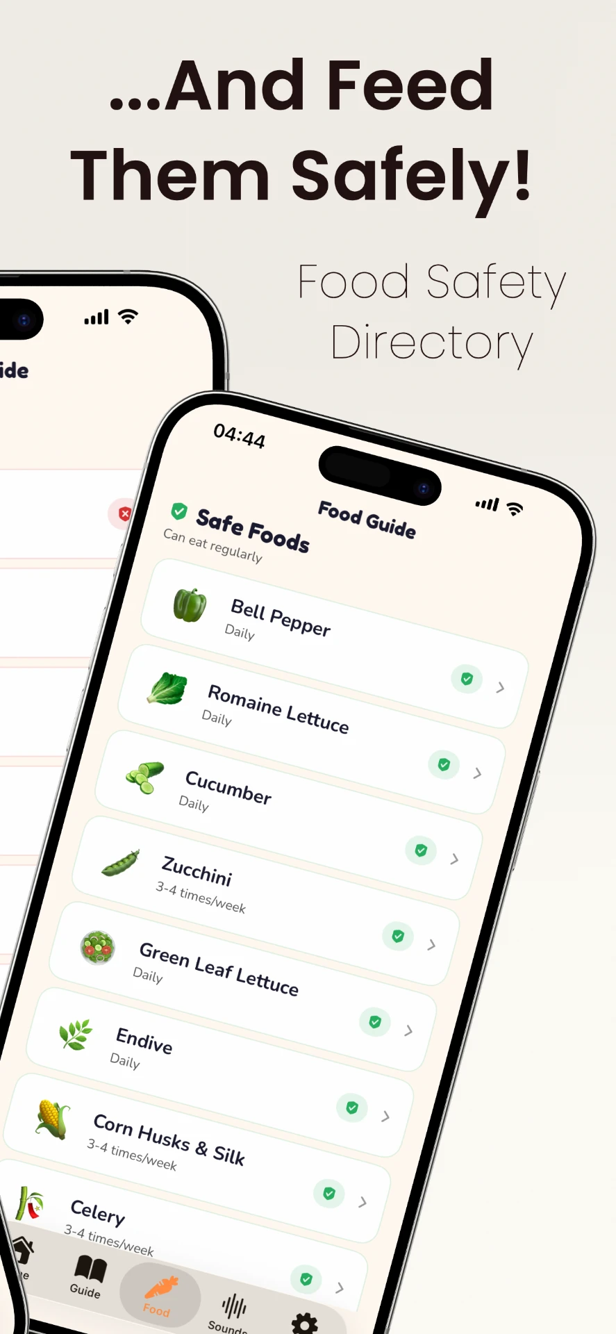 Safe foods directory in the Guide app showing bell pepper, romaine lettuce, and cucumber rated daily