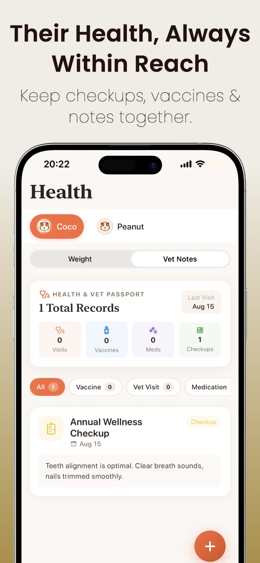 Piggy Planner vet records showing an annual wellness checkup and notes