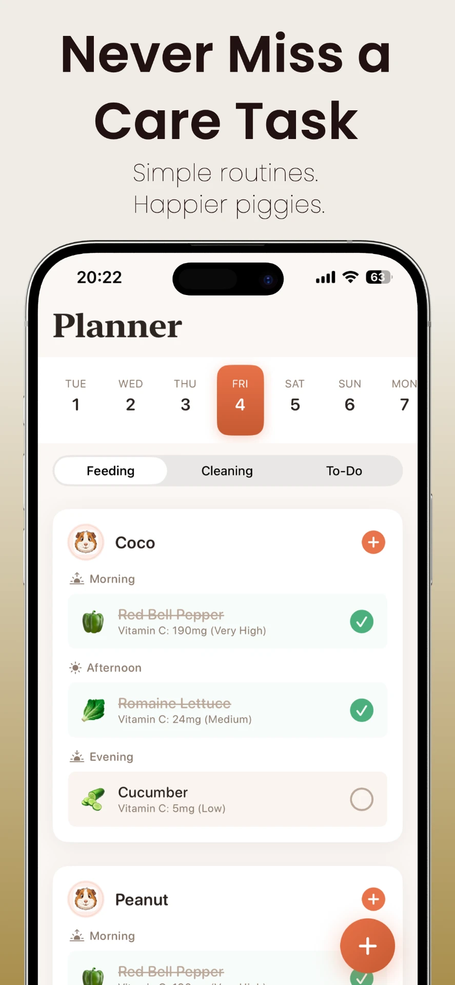 Piggy Planner feeding and cleaning schedule with individual guinea pig tasks