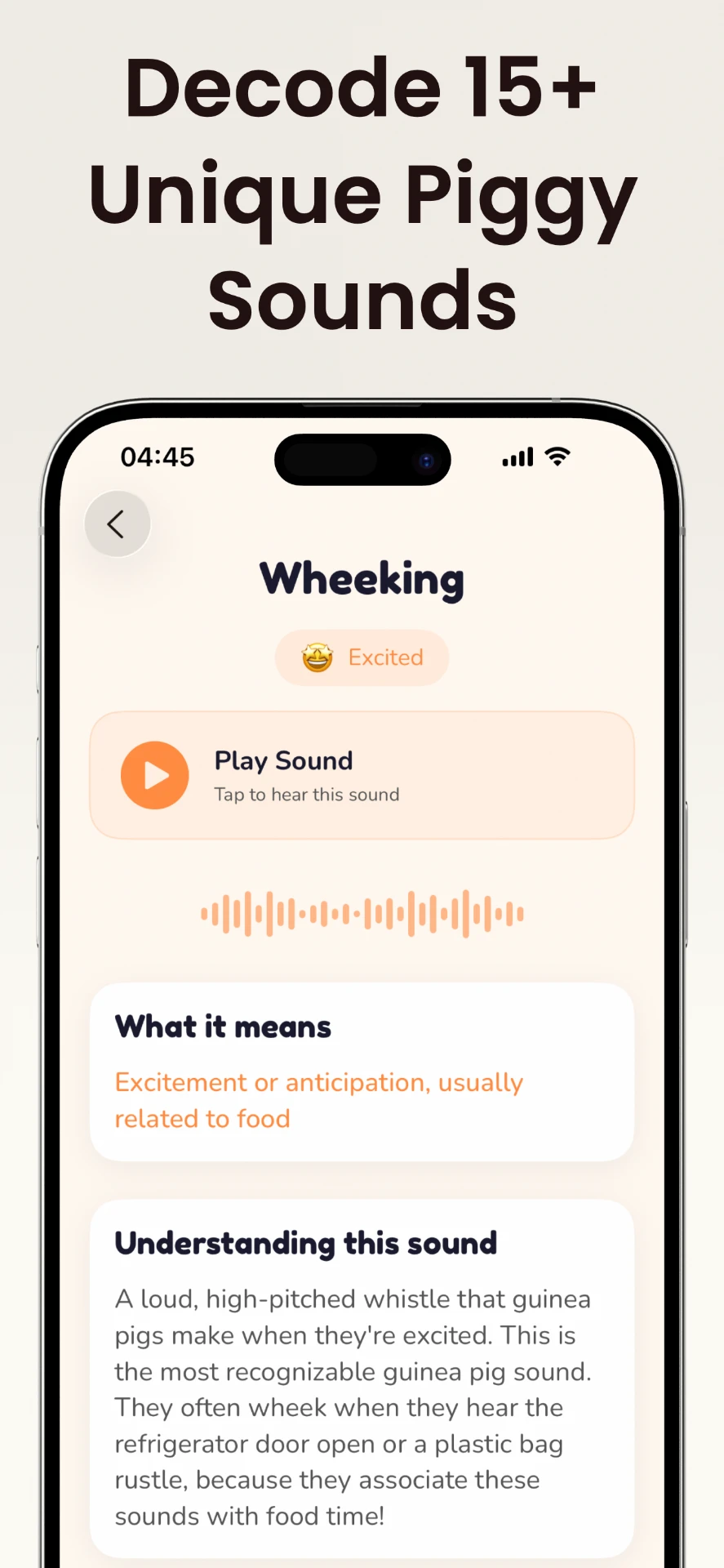 Wheeking sound decoded in the Guide app with playback and meaning explained
