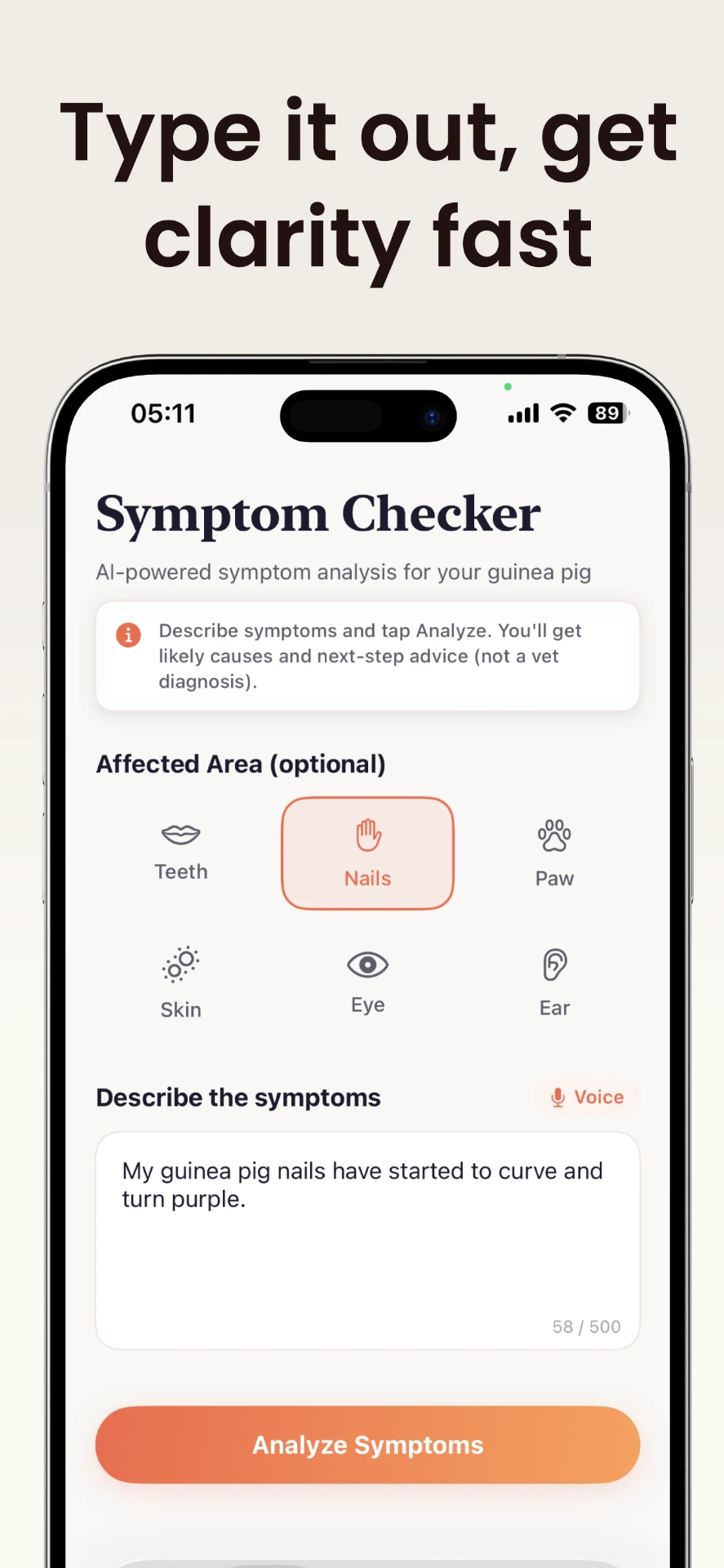 Symptom checker with affected area picker and voice input