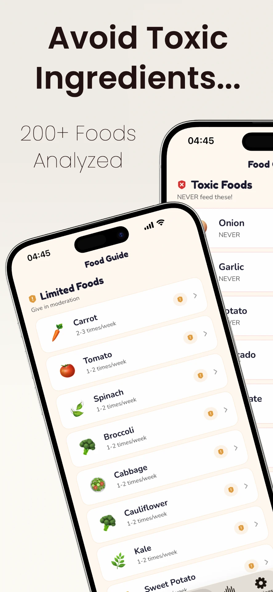 Toxic foods directory in the Guide app listing onion, garlic, potato, and avocado as never feed
