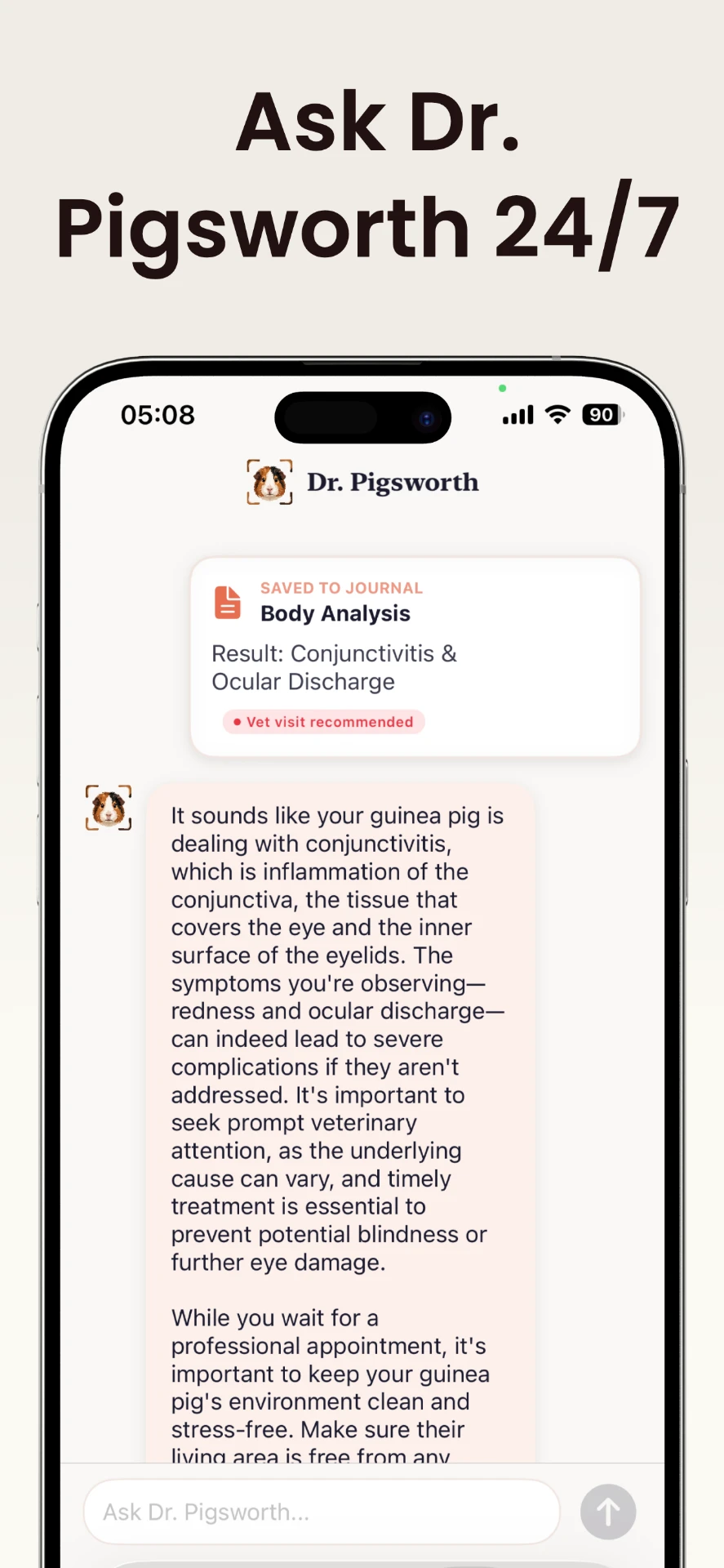 Dr. Pigsworth AI chat giving guinea pig health guidance